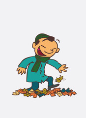 asian child having fun treading autumn leaves. Character of boy, funny style, isolated.