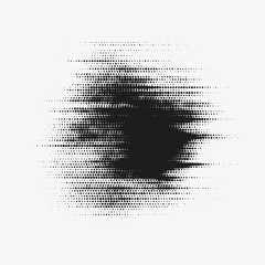Glitched vector halftone stain. Black blot made of round particles. Modern abstract generative illustration with random distorted spot. Scattered array of dots. Gradation of tone. Element of design. - 170300866