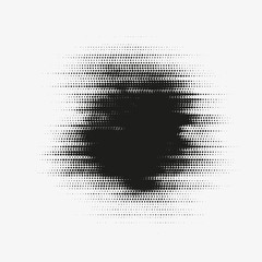 Glitched vector halftone stain. Black blot made of round particles. Modern abstract generative illustration with random distorted spot. Scattered array of dots. Gradation of tone. Element of design. - 170300867