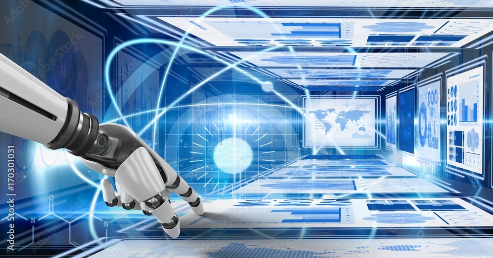Poster robot hand interacting with technology interface panels