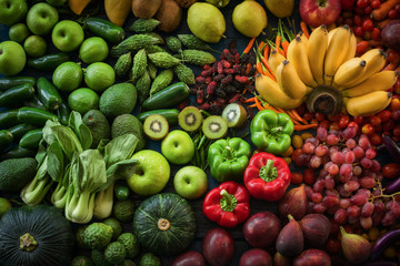 Various fresh fruits and vegetables organic for eating healthy