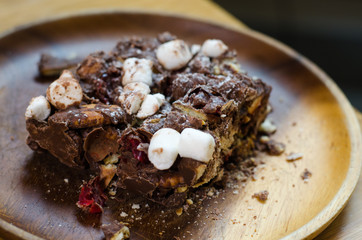Chocolate Marshmellow Brownies. brownie on a wood table. selective focus
