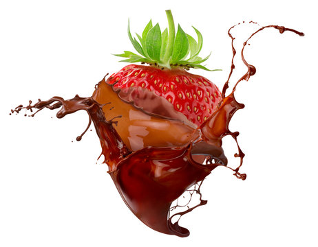 Strawberry In Chocolate Splash Isolated On A White Background