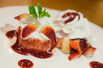 Strawberry pudding with jam on a plate,Dessert panna cotta strawberry,