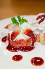 Strawberry pudding with jam on a plate,Dessert panna cotta strawberry,