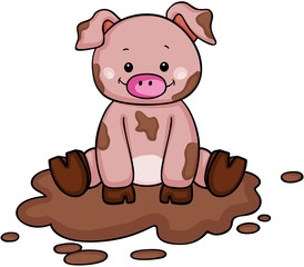 Cute little pig in the mud