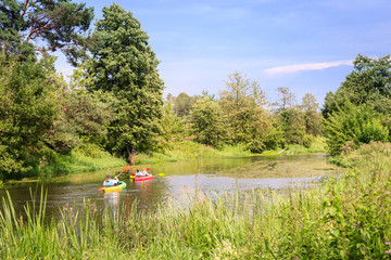 Kayaking on a river among forest and meadows