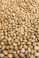 Group of almonds nuts in a wooden table