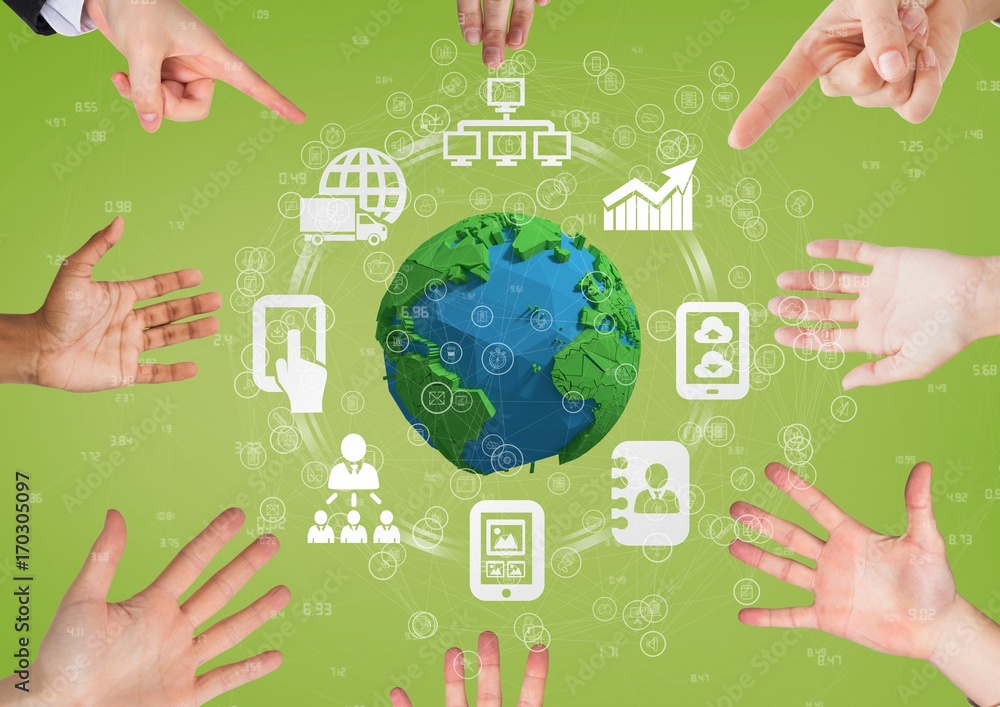 Poster hands pointing a globe with connectors