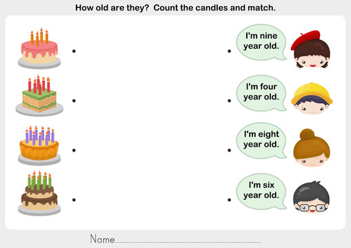 matching people and birthday cake - worksheet for education