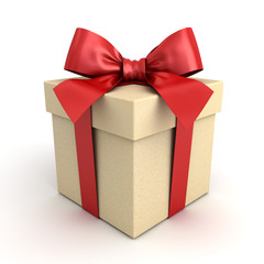 Gift box , Present box with red ribbon bow isolated on white background with shadow . 3D rendering.