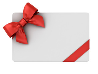 Blank gift card with red ribbons and bow isolated on white background with shadow . 3D rendering.