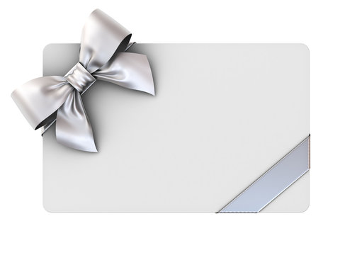 Blank gift card with silver ribbons and bow isolated on white background . 3D rendering.