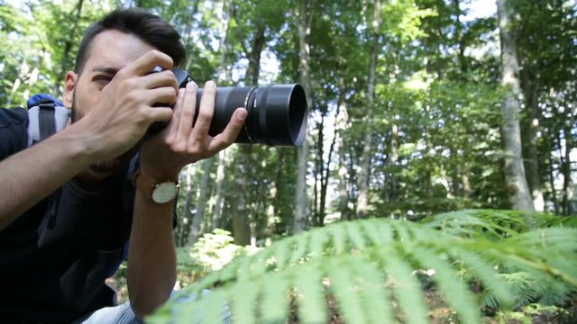 Giovane ragazzo fotografa le foglie nella montagna
