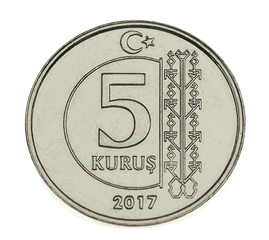 Turkish coin currency five Kurus made of 2,90 gram nickel and copper zinc alloy isolated.  