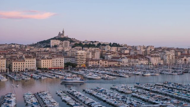 Marseille city skyline day to night timelapse, Marseille, France, 4K Time lapse