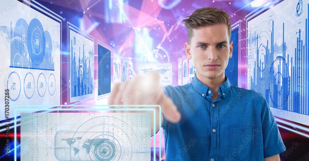 Aufkleber man touching and interacting with technology interface panels