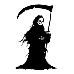 The figure of death with big scythe in a black shroud. Design element for Happy Halloween cards, posters, banners or invitations. Cartoon style. Doodles. Vector illustration.
