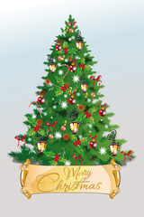 Christmas greeting card. Hand drawn vector Illustration of the Christmas tree decorated with a New Year's garland.
