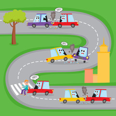 Various types of road accidents with funny car characters on city street, cartoon vector illustration. Collision, pedestrian knockdown, road accident with funny car characters shown on the same road