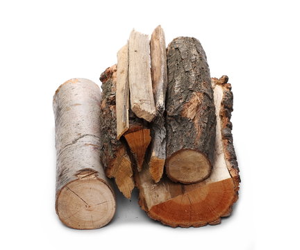 oak and beech stump, log fire wood isolated on white background with clipping path