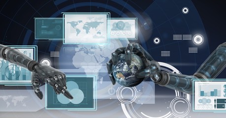 Robot hands interacting with technology interface panels holding