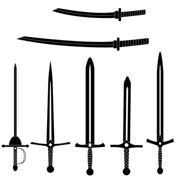 Set of old swords. Vector black medieval blades.