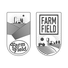 Farm field labels set of logo, badge, label with fields and water towers over forest and cloudy sky background, vector illustration.