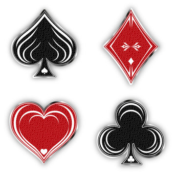Set of symbols deck of cards for playing poker and casino in vintage style. Spades suit, diamonds, clubs and hearts. Vector illustration.
