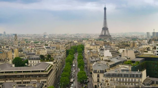 Paris city skyline timelapse at Eiffel Tower view from Arc de Triomphe, Paris, France, HD Time lapse