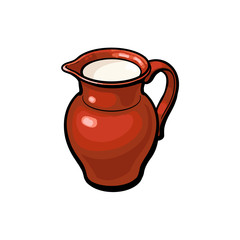 Brown clay pot, stoneware jug full of fresh cow, goat, sheep milk, sketch style vector illustration on white background. Realistic hand drawing of clay pot, stoneware jug with cow, sheep, goat milk