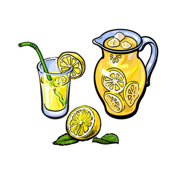 vector sketch cartoon lemonade jug, pitcher, glass of lemon juice with straw and sliced lemon with leaves set. Isolated illustration on a white background. Fresh juicy cirtus, full of vitamins