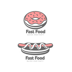 Vector donut with pink glaze icing and sprinkles hot dog set simple icon flat cartoon isolated illustration on a white background. Sweet delicious dessert food, snack