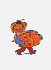 black child with big pumpkin between arms. Character of boy, funny style, isolated.