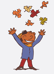 black child throwing in the air, funny, autumn leaves. Character of boy, funny style, isolated.