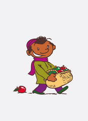 black child with large basket of apples. Character of boy, funny style, isolated.