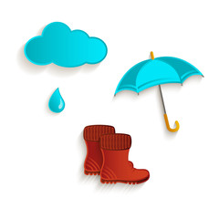 vector cartoon autumn symbol objects set. Isolated illustration on a white background. Rain cloud, umbrella and rubber boots. Autumn object concept