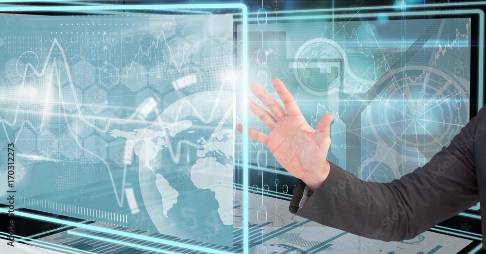 Poster hand touching and interacting with technology interface panels