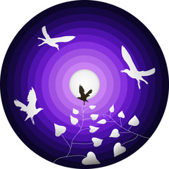 Hand drawn silhoeuttes of black and white birds and tree branches with leaves against round abstract violet sky and shiny moon