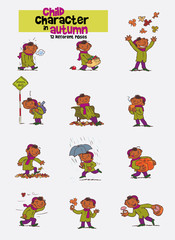 Fototapeta premium Set of twelve various poses of black child character, celebrating the arrival of autumn.