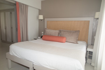 Urban Contemporary Modern Scandinavian Bedroom Interior Design. Mock up Gray and White wall