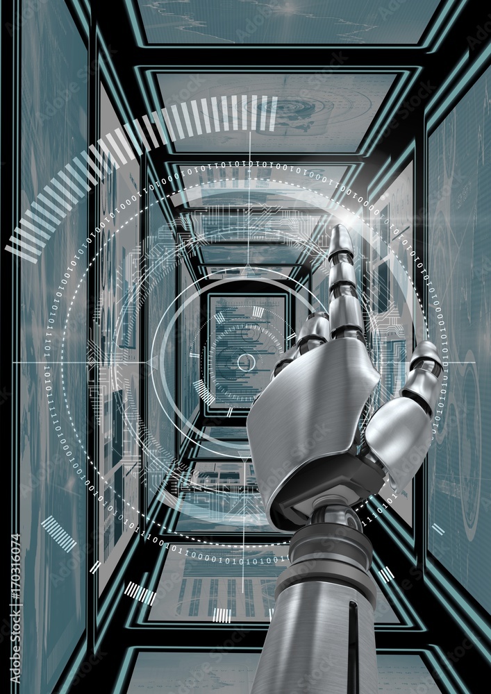 Poster robot hand interacting with technology interface panels