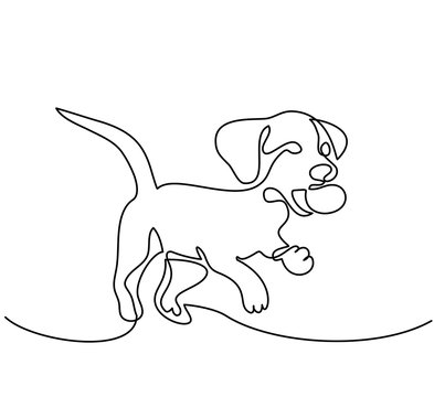 Continuous line drawing. Dog puppy jumping and playing with ball. Vector illustration
