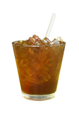 Longan juice with ice in a clear short glasses with straw, sweet brown juice, traditional asian juice, sweet juice isolated on white background - herb fruits concept, asian drinks