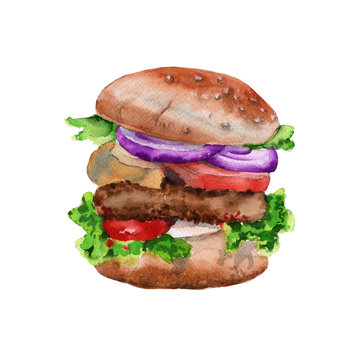  big hamburger with a cutlet. isolated on white background. watercolor illustration.