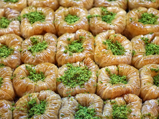 Baklava decorated pistachios and honey, Jewish, turkish, arabic traditional national sweet desserts