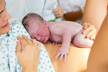 Happy mom, having her baby skin to skin first seconds after birth - obrazy, fototapety, plakaty