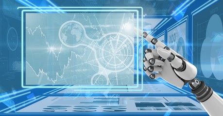 Robot hand interacting with technology interface panels