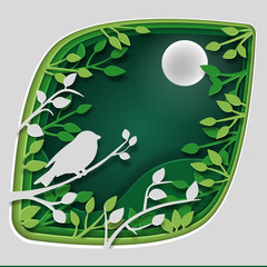 Paper art carve to bird on tree branch in forest at night, origami concept nature and animals idea, vector art and illustration.