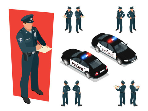 Isometric Police-officer In Uniform And Police Car. Vector Illustration Isolated On White Background. Police Officer Emergency Service Car Driving Street